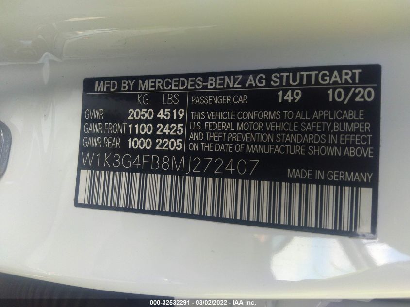 2021 MERCEDES-BENZ A-CLASS A 220 W1K3G4FB8MJ272407