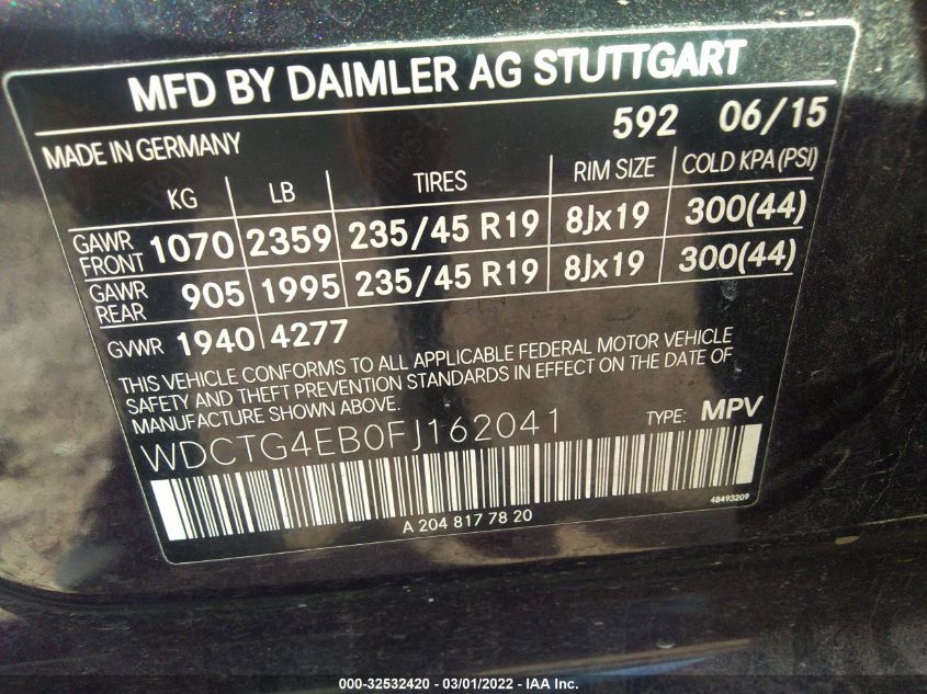 2015 MERCEDES-BENZ GLA-CLASS GLA 250 WDCTG4EB0FJ162041
