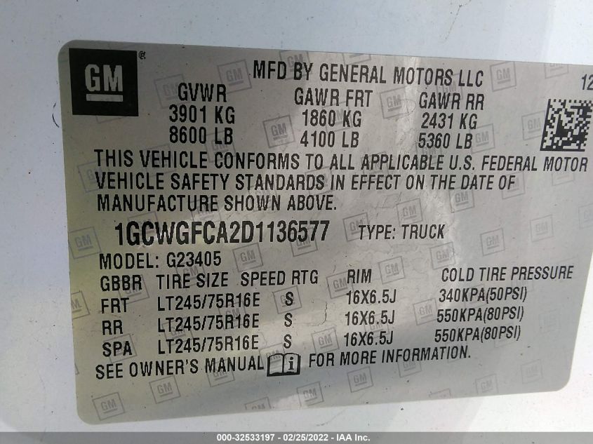 2013 CHEVROLET EXPRESS CARGO VAN 1GCWGFCA2D1136577