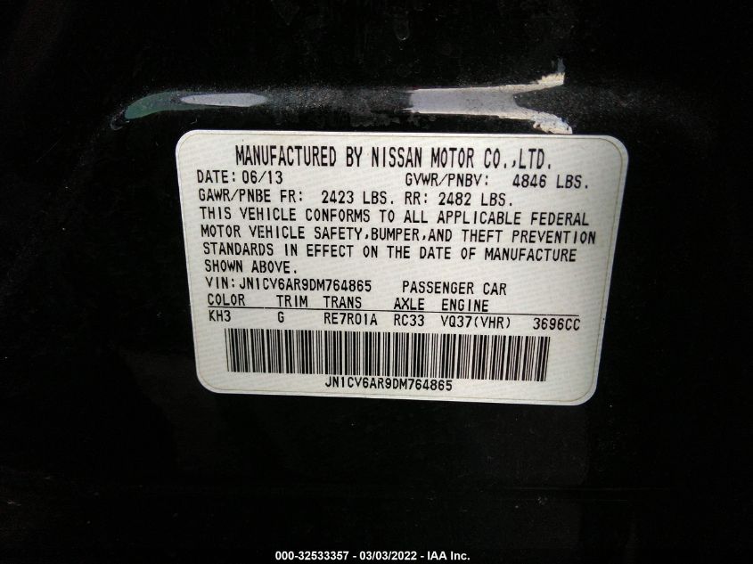 2013 INFINITI G37 SEDAN X JN1CV6AR9DM764865