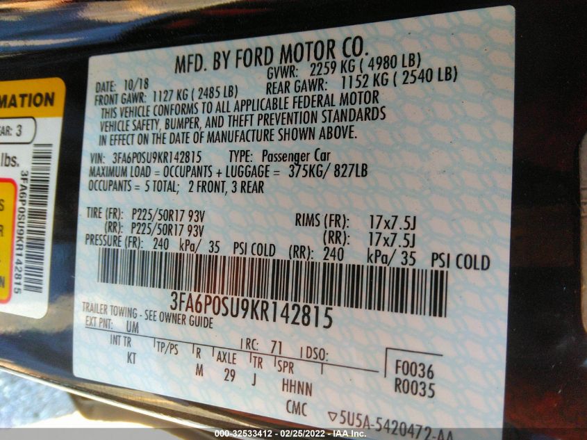 2019 FORD FUSION ENERGI TITANIUM 3FA6P0SU9KR142815