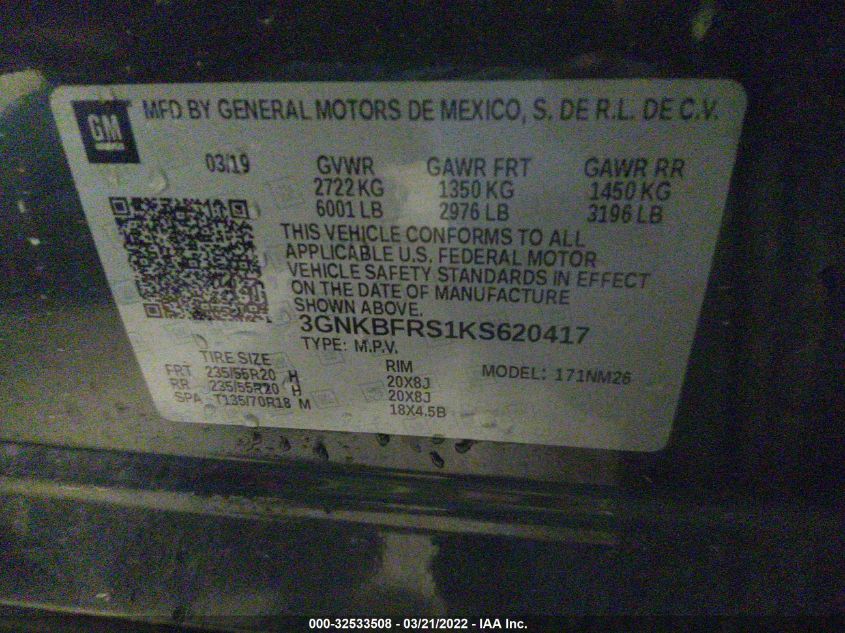 2019 CHEVROLET BLAZER PREMIER 3GNKBFRS1KS620417
