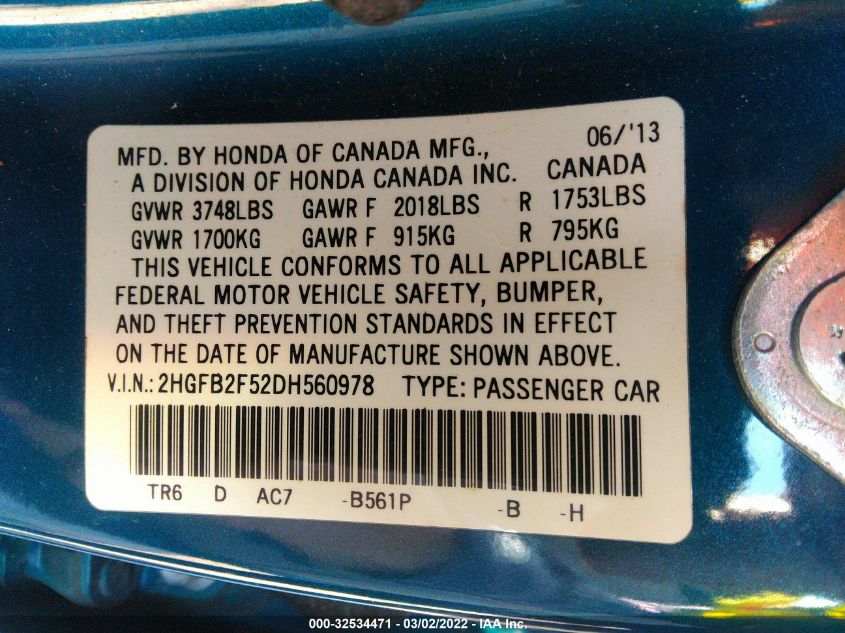 2013 HONDA CIVIC SDN LX 2HGFB2F52DH560978