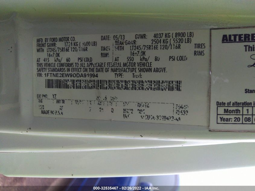 2013 FORD ECONOLINE CARGO VAN COMMERCIAL/RECREATIONAL 1FTNE2EW9DDA91994