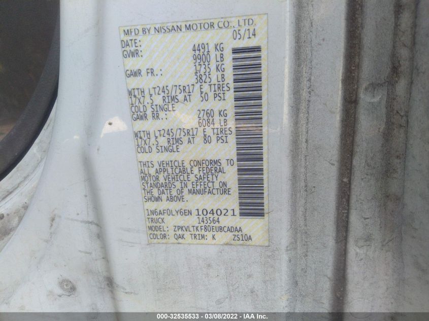2014 NISSAN NV SV 1N6AF0LY6EN104021