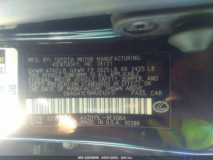 2021 LEXUS ES ES 300H 58ADA1C19MU012417