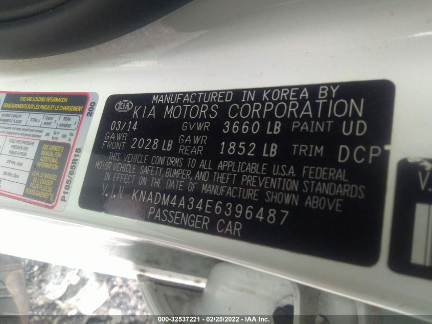 2014 KIA RIO LX KNADM4A34E6396487
