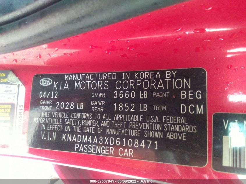 2013 KIA RIO LX KNADM4A3XD6108471