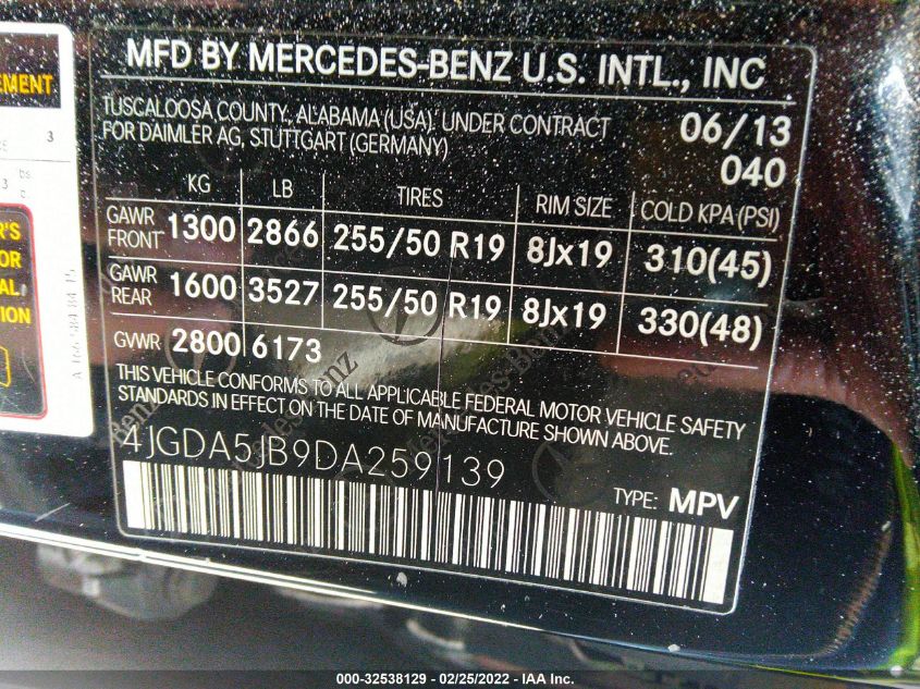2013 MERCEDES-BENZ M-CLASS ML 350 4JGDA5JB9DA259139