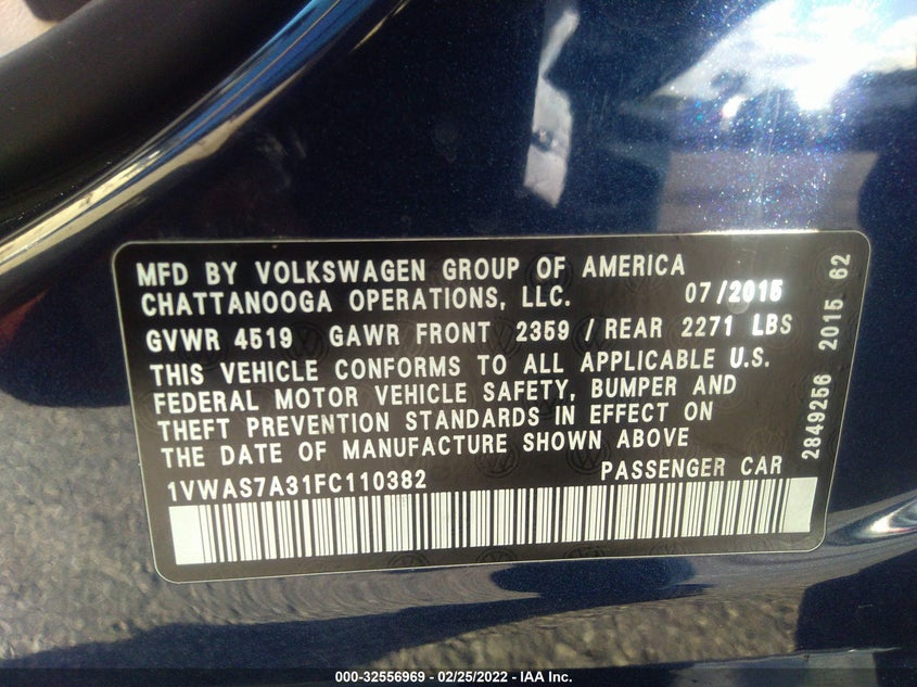 2015 VOLKSWAGEN PASSAT VIN: 1VWAS7A31FC110382