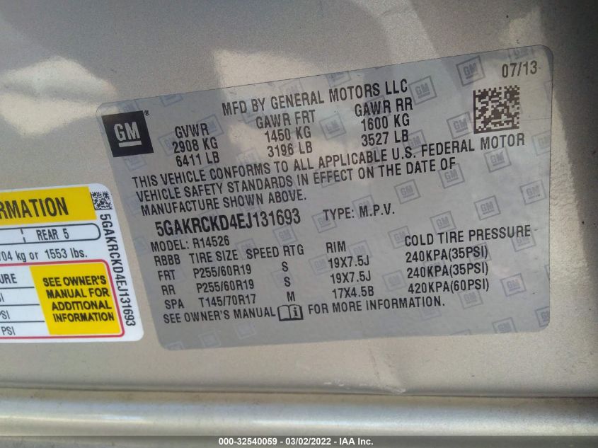 2014 BUICK ENCLAVE PREMIUM 5GAKRCKD4EJ131693