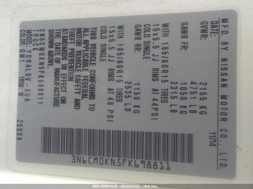 2015 NISSAN NV200 S 3N6CM0KN5FK698811