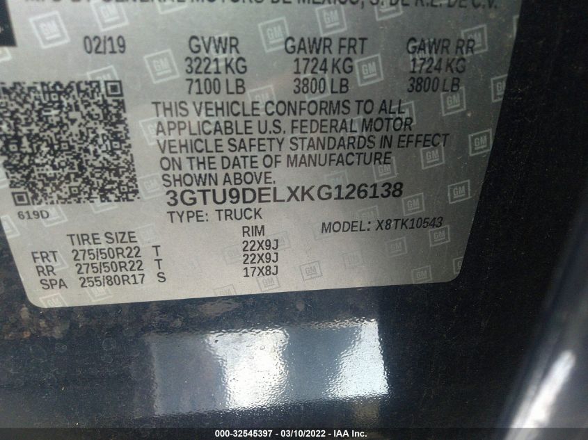 2019 GMC SIERRA 1500 SLT 3GTU9DELXKG126138