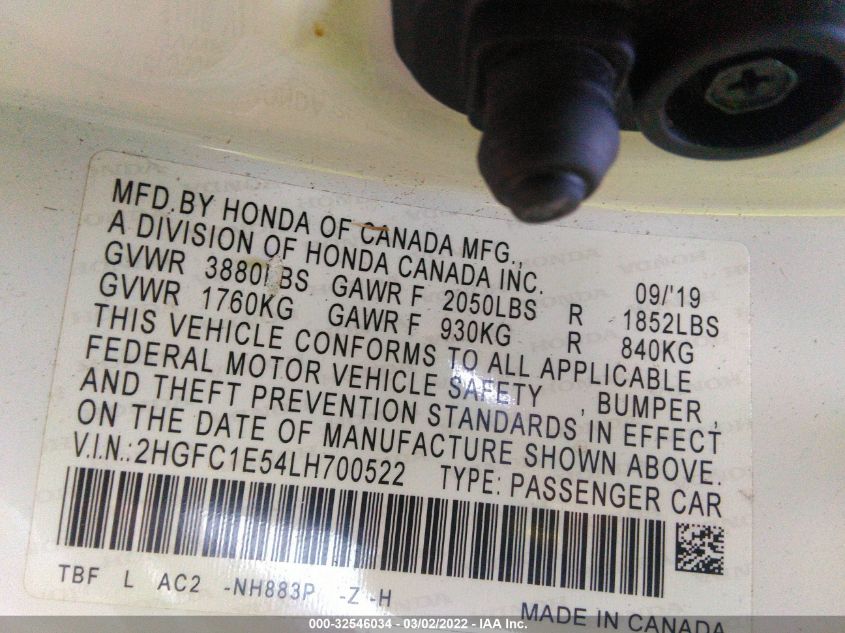 2020 HONDA CIVIC SI SEDAN 2HGFC1E54LH700522