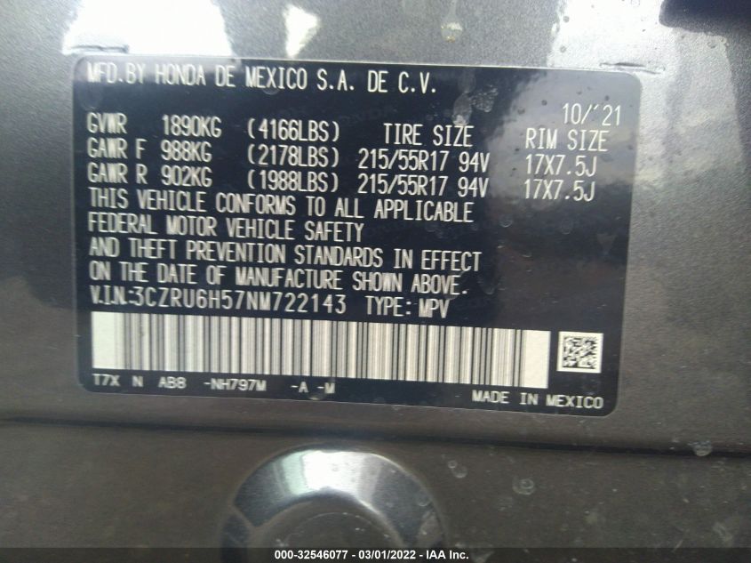 2022 HONDA HR-V EX 3CZRU6H57NM722143