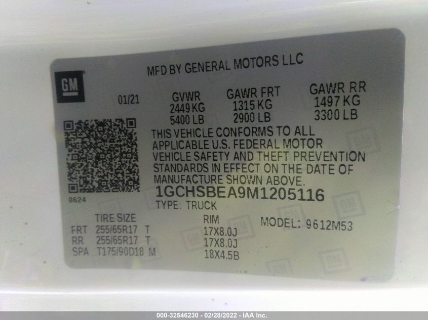 2021 CHEVROLET COLORADO 2WD WORK TRUCK 1GCHSBEA9M1205116