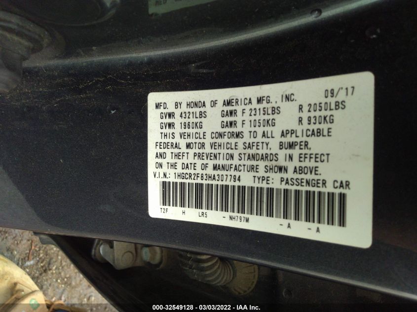 2017 HONDA ACCORD SEDAN EX-L 1HGCR2F83HA307794