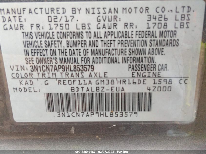 2017 NISSAN VERSA SEDAN SV 3N1CN7AP9HL853579