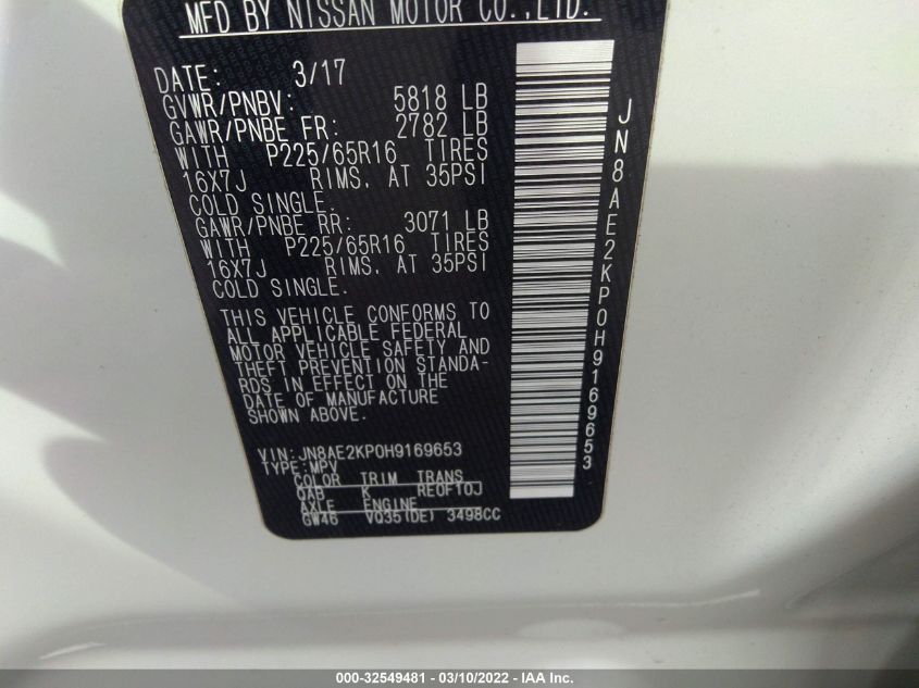 2017 NISSAN QUEST SV JN8AE2KP0H9169653