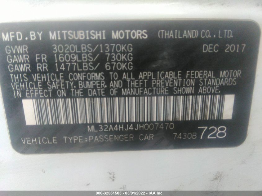 2018 MITSUBISHI MIRAGE SE ML32A4HJ4JH007470