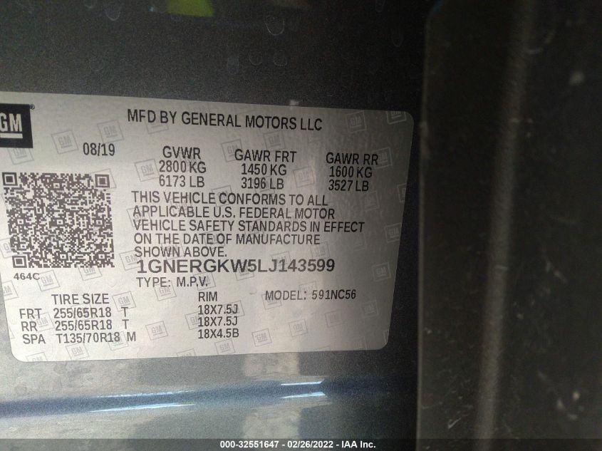 2020 CHEVROLET TRAVERSE LT CLOTH 1GNERGKW5LJ143599