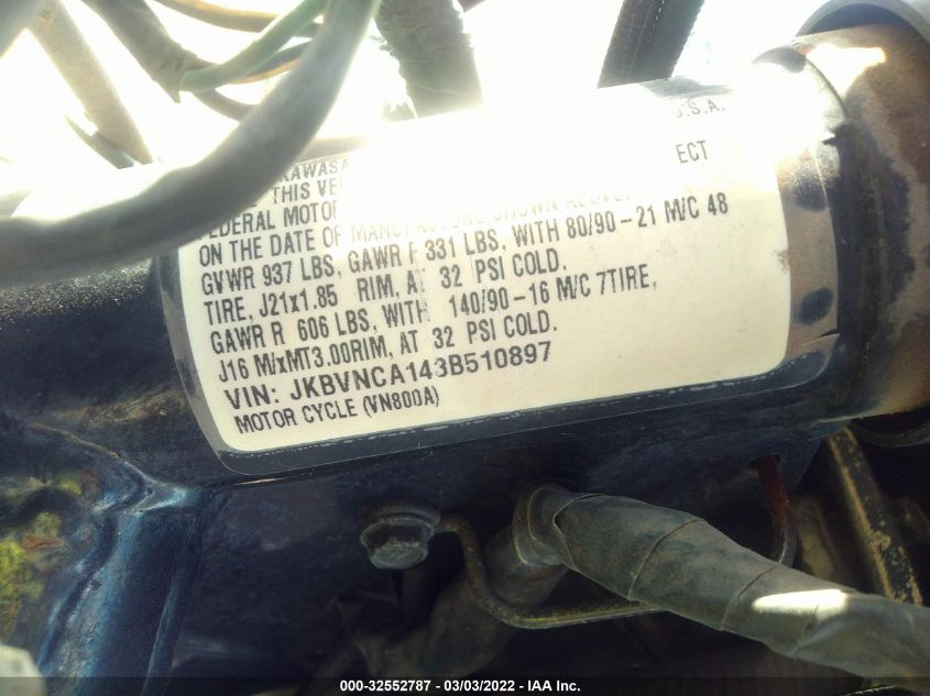 2003 KAWASAKI VN800 JKBVNCA143B510897