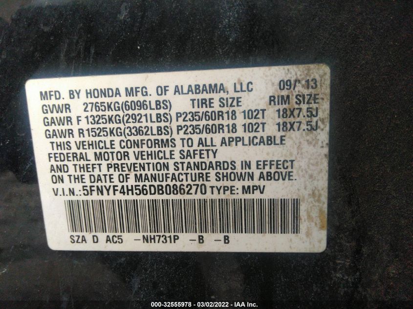 2013 HONDA PILOT EX-L 5FNYF4H56DB086270