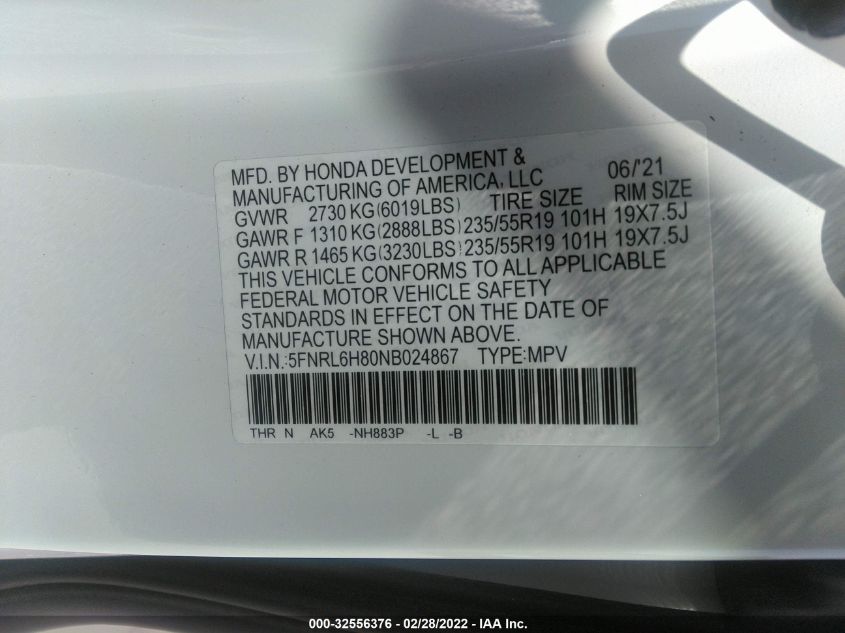 2022 HONDA ODYSSEY TOURING 5FNRL6H80NB024867