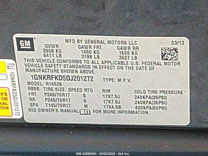 2013 CHEVROLET TRAVERSE LS 1GNKRFKD5DJ201272