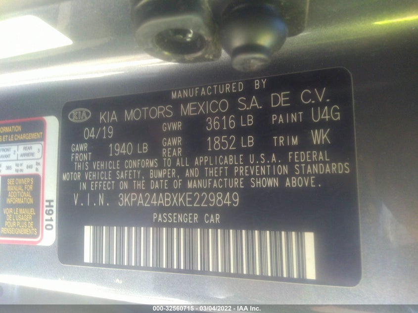 VIN 3KPA24ABXKE229849 2019 KIA RIO S