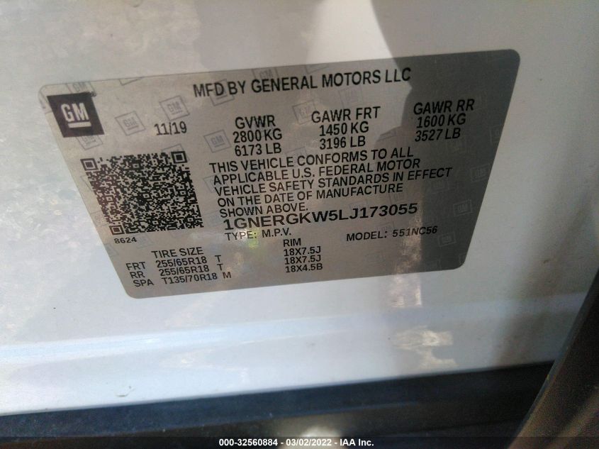 2020 CHEVROLET TRAVERSE LT CLOTH 1GNERGKW5LJ173055