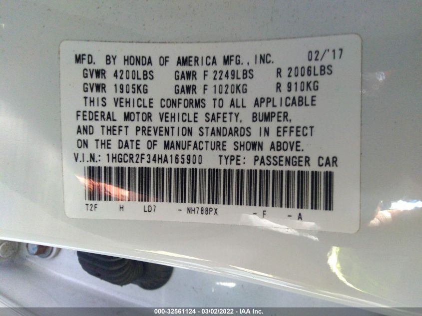 2017 HONDA ACCORD SEDAN LX 1HGCR2F34HA165900