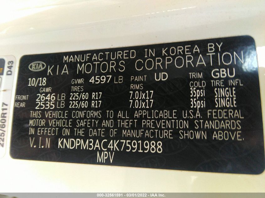 2019 KIA SPORTAGE LX KNDPM3AC4K7591988