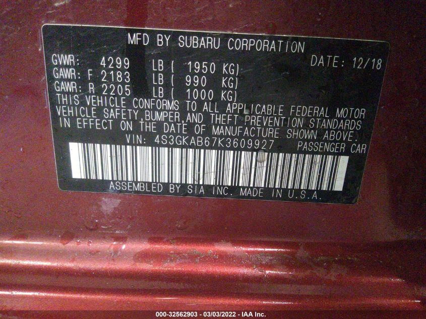 2019 SUBARU IMPREZA 4S3GKAB67K3609927