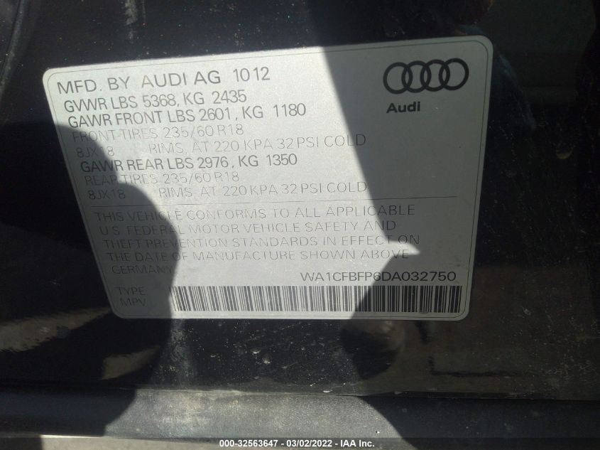 2013 AUDI Q5 PREMIUM WA1CFBFP6DA032750