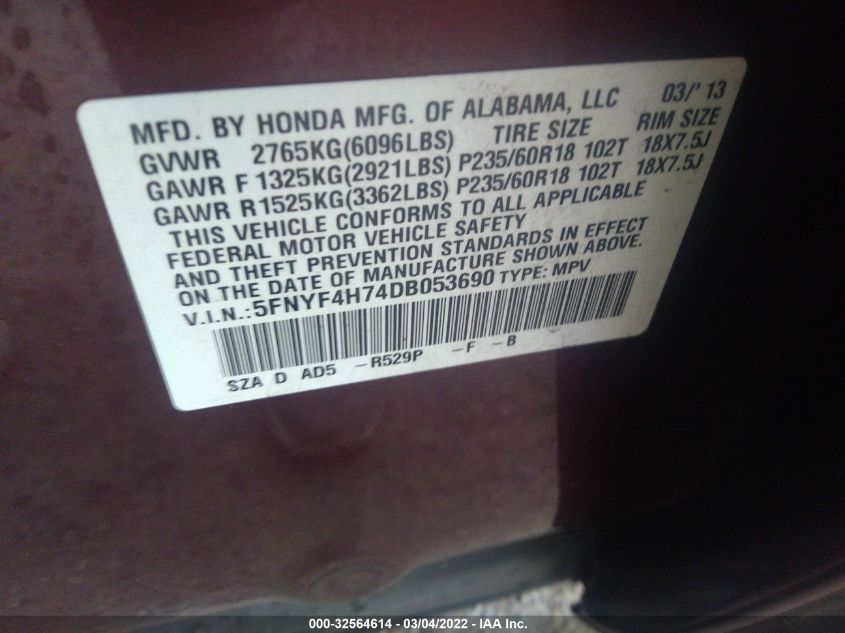2013 HONDA PILOT EX-L 5FNYF4H74DB053690