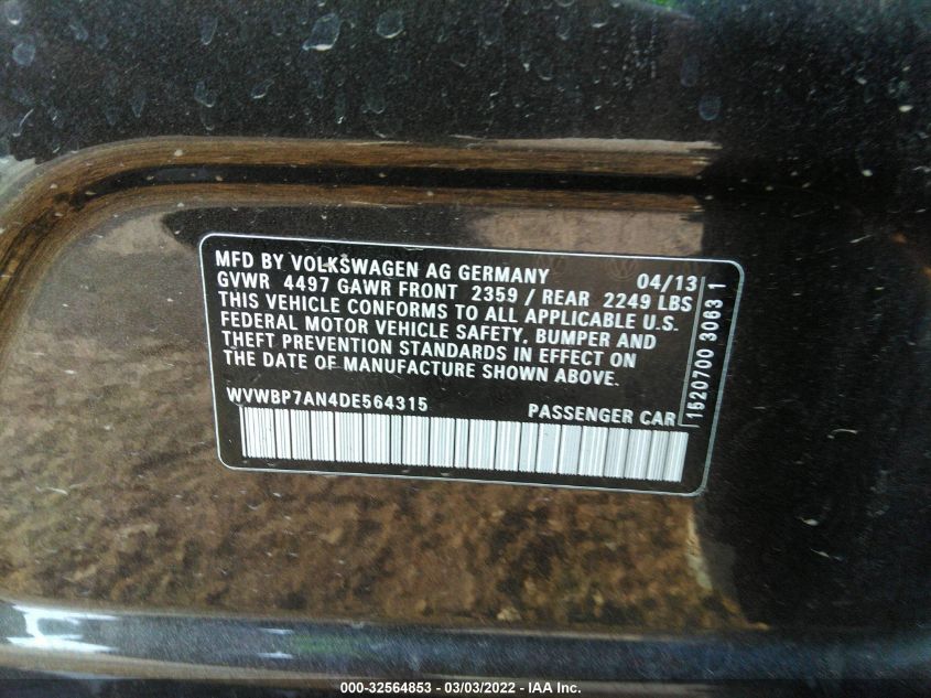 2013 VOLKSWAGEN CC R-LINE WVWBP7AN4DE564315