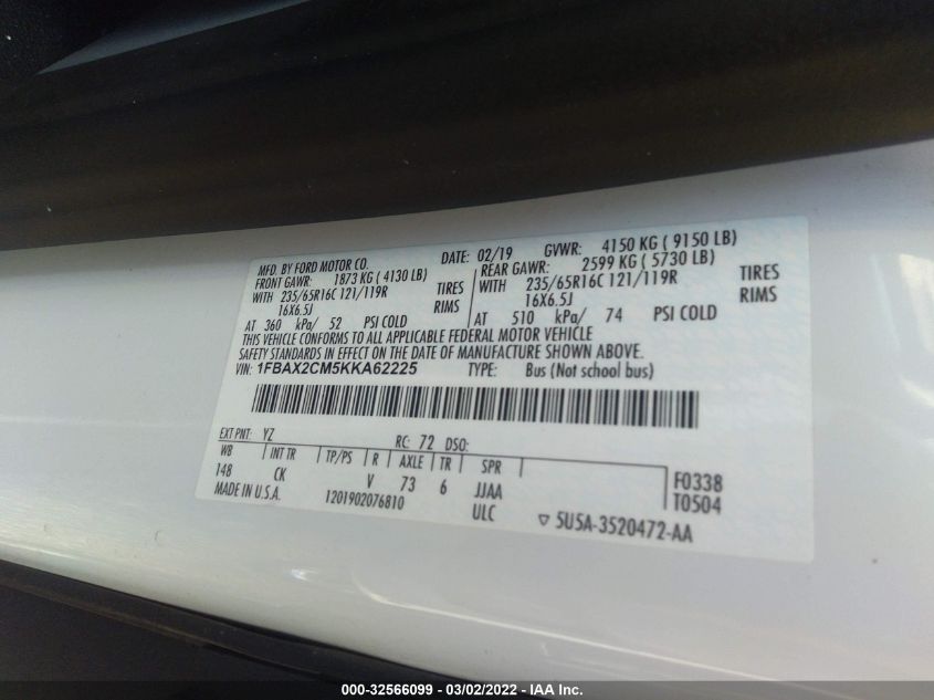 2019 FORD TRANSIT PASSENGER WAGON XL/XLT 1FBAX2CM5KKA62225