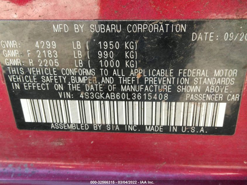2020 SUBARU IMPREZA 4S3GKAB60L3615408