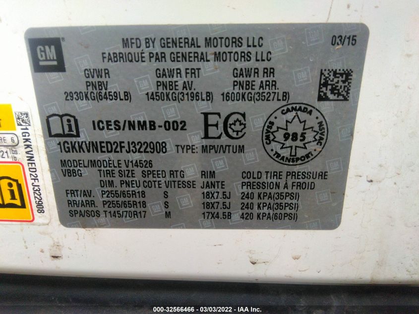 2015 GMC ACADIA SLE 1GKKVNED2FJ322908