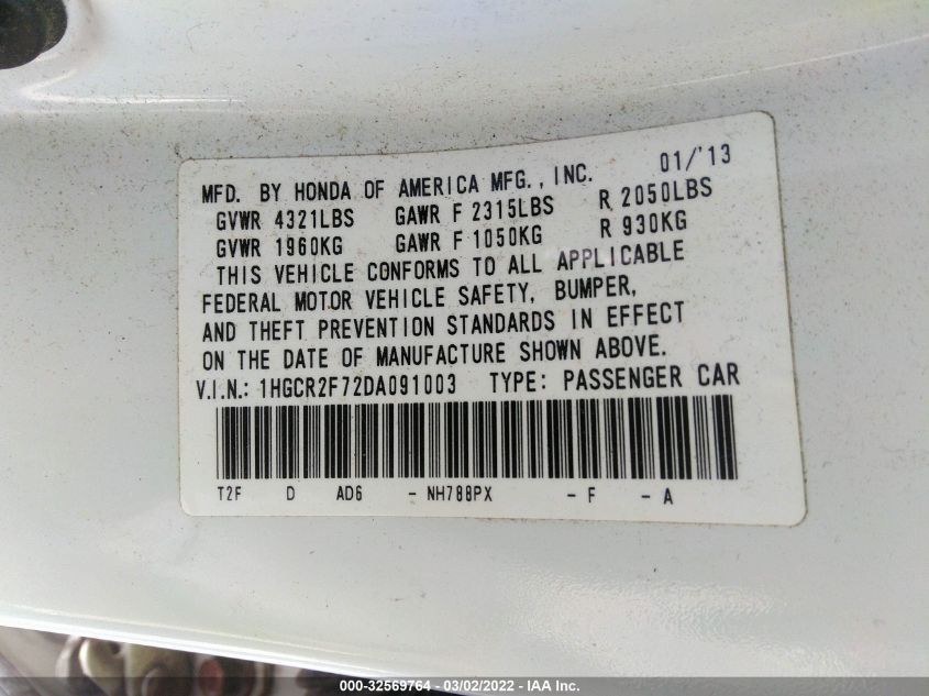 2013 HONDA ACCORD SDN EX 1HGCR2F72DA091003