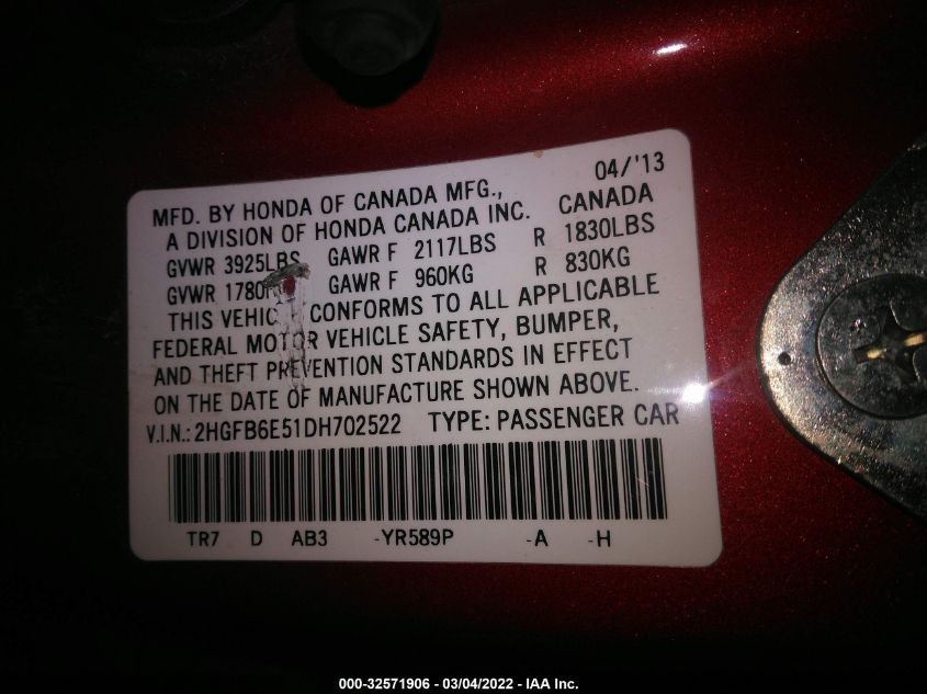2013 HONDA CIVIC SDN SI 2HGFB6E51DH702522