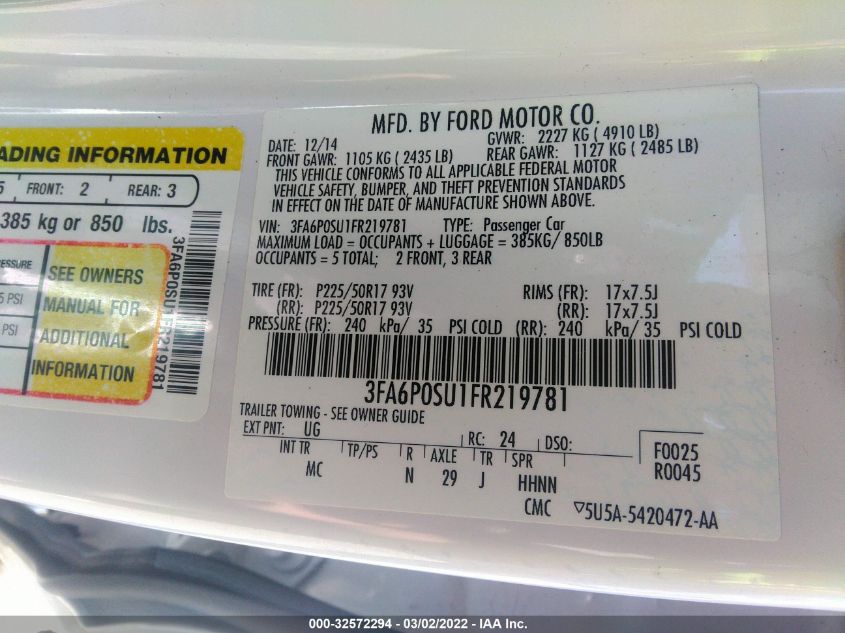 2015 FORD FUSION ENERGI TITANIUM 3FA6P0SU1FR219781
