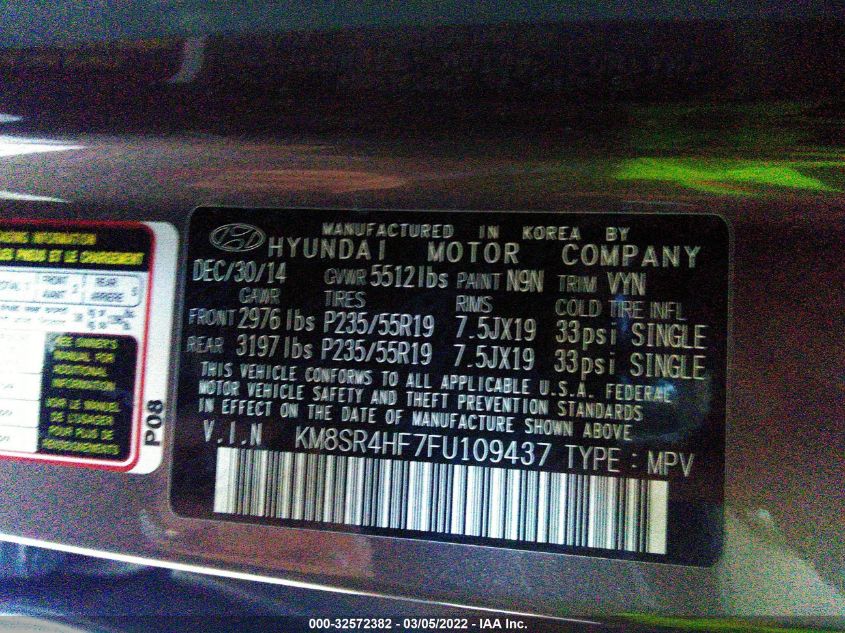 2015 HYUNDAI SANTA FE GLS KM8SR4HF7FU109437