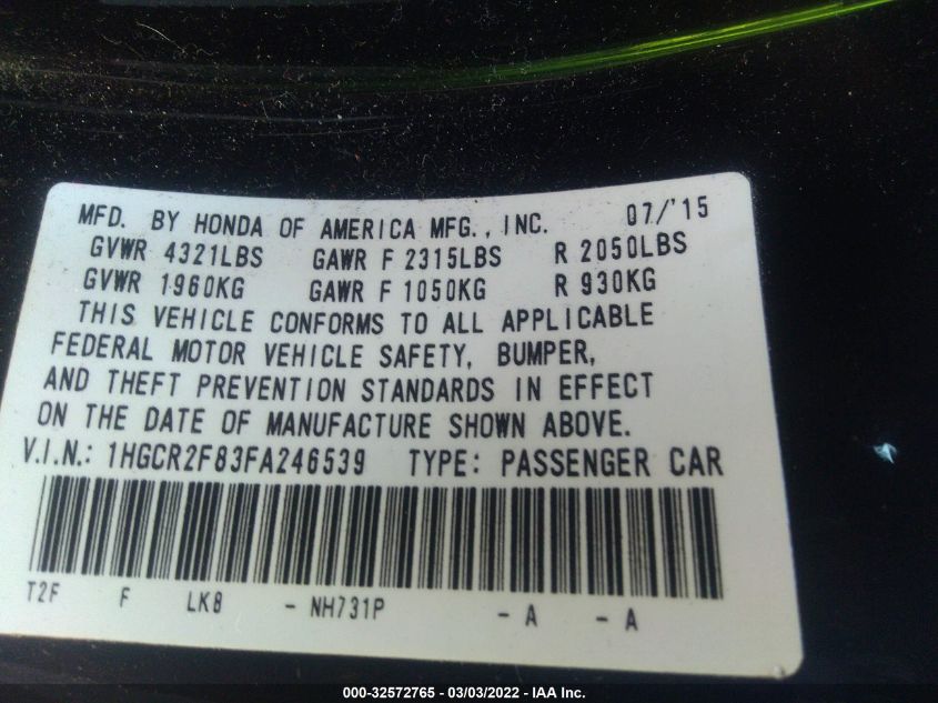 2015 HONDA ACCORD SEDAN EX-L 1HGCR2F83FA246539