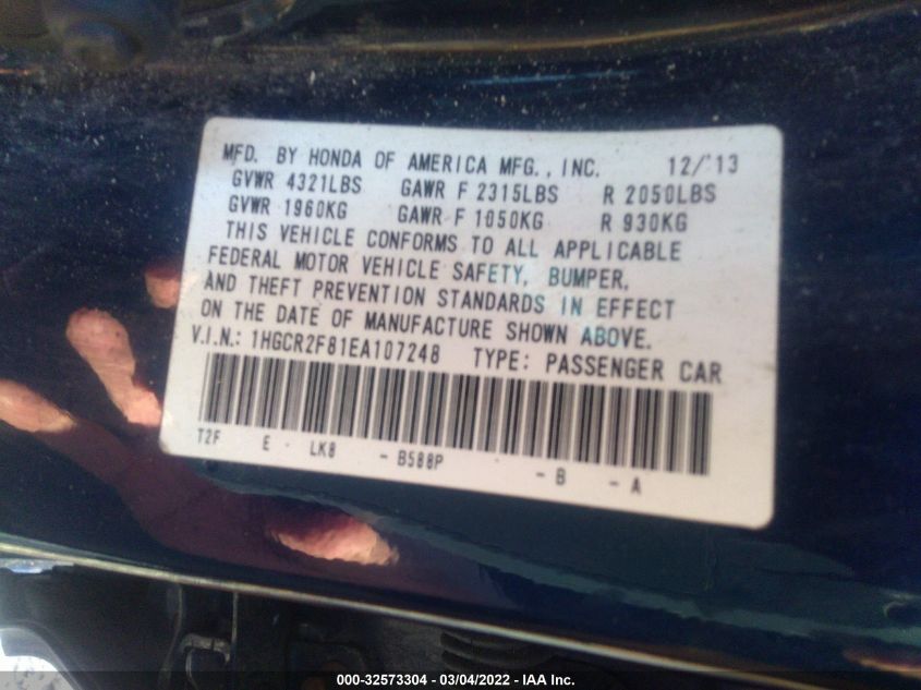 2014 HONDA ACCORD SEDAN EX-L 1HGCR2F81EA107248