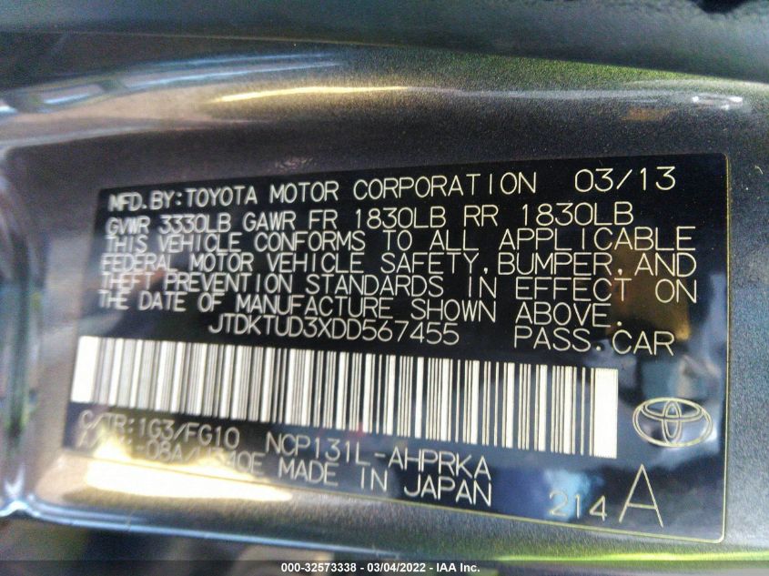 2013 TOYOTA YARIS L/LE/SE JTDKTUD3XDD567455