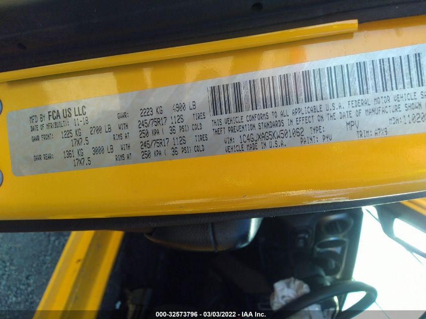 2019 JEEP WRANGLER SPORT 1C4GJXAG5KW501062