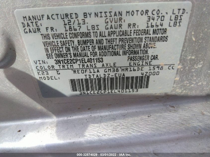 2014 NISSAN VERSA NOTE S/S PLUS/SV 3N1CE2CP1EL401153