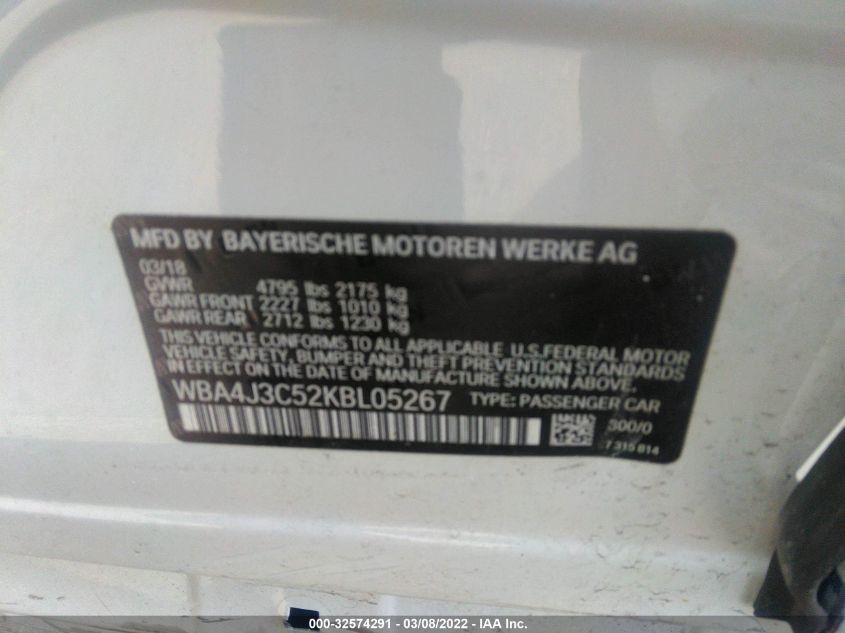 2019 BMW 4 SERIES 430I XDRIVE WBA4J3C52KBL05267